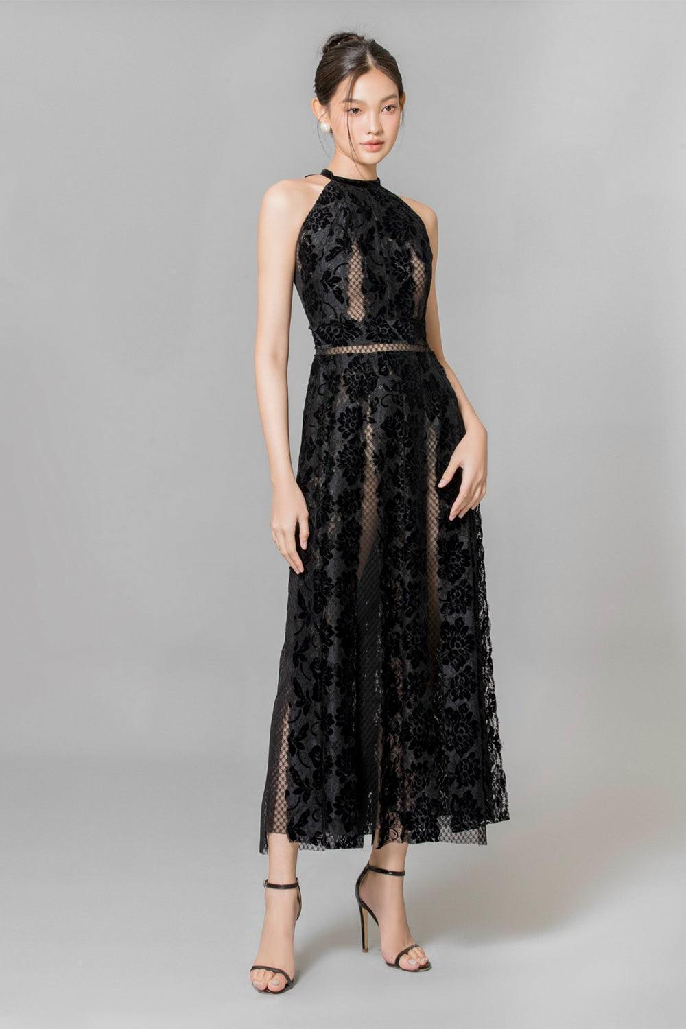 Women's Denver Halter Sleeveless Lace Ankle Length Dress XS/S/M/L Black MEAN BLVD Black / M Women's Denver Halter Sleeveless Lace Ankle Length Dress XS/S/M/L Black MEAN BLVD Black / M