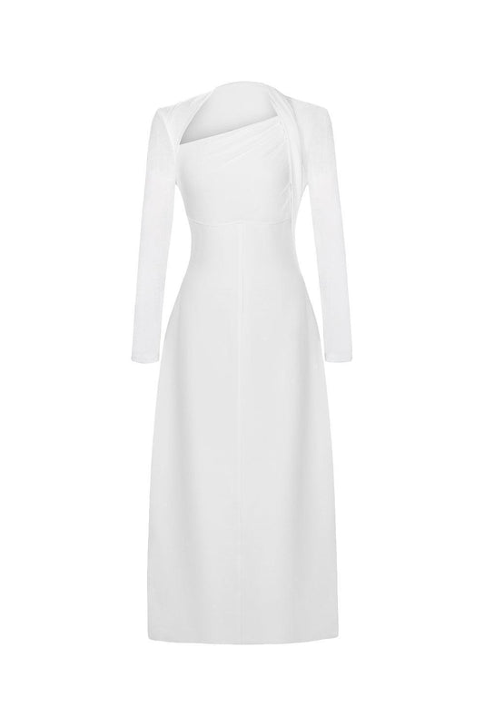 Diamond A-line Asymmetric Neck Crinkle Crepe Midi Dress - MEAN BLVD