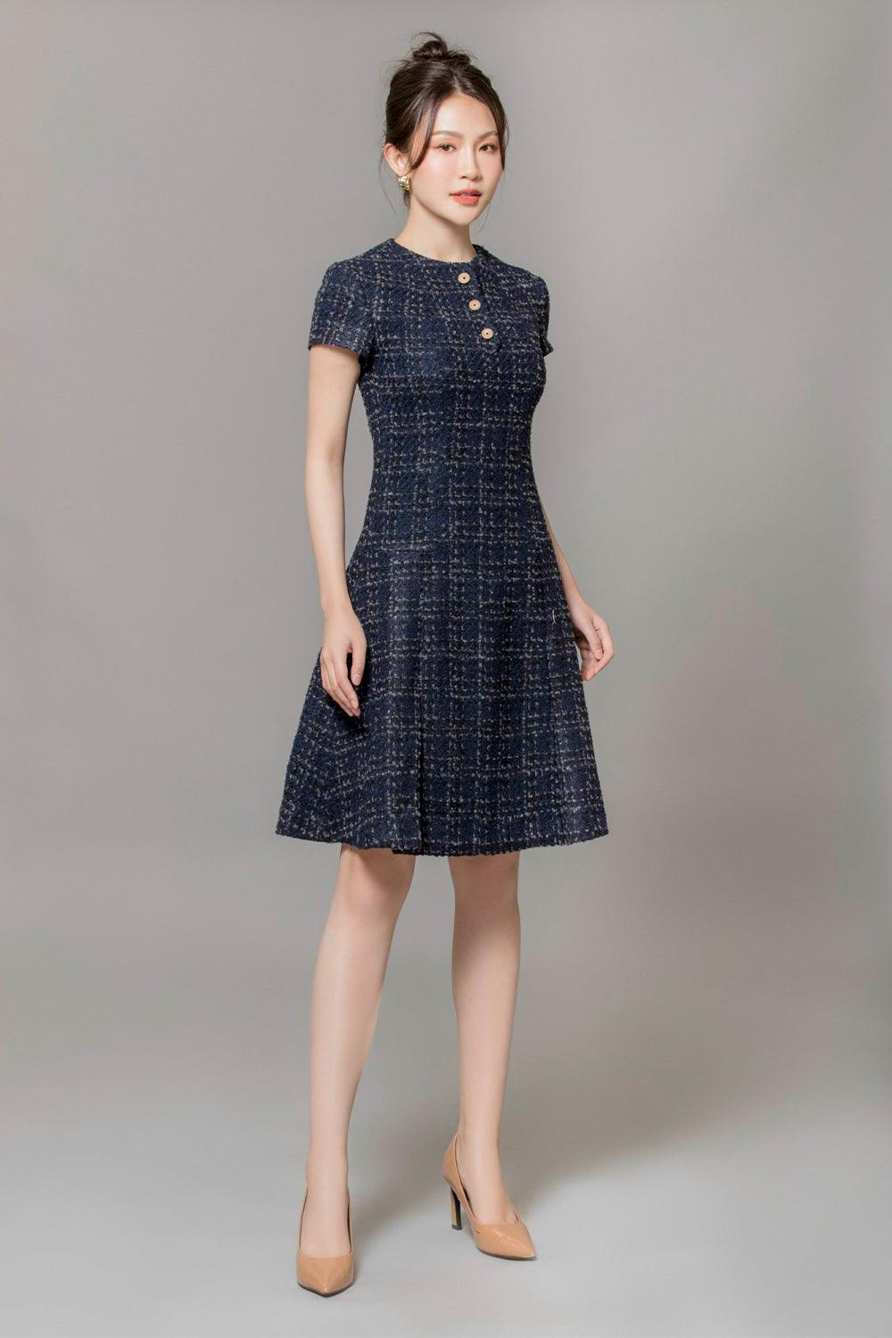 Women's Dulce A-line Round Neck Tweed Above The Knee Dress XS/S/M/L Navy MEAN BLVD Navy / L Women's Dulce A-line Round Neck Tweed Above The Knee Dress XS/S/M/L Navy MEAN BLVD Navy / L