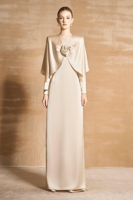 Earline Sheath Cape Sleeved Satin Floor Length Ao Dai - MEAN BLVD