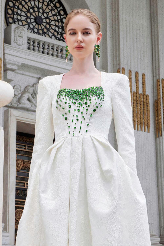 Echoes Ball Gown Long Sleeved Jacquard Floor Length Dress - MEAN BLVD