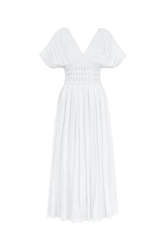 Eira Pleated V-Neck Linen Ankle Length Dress - MEAN BLVD