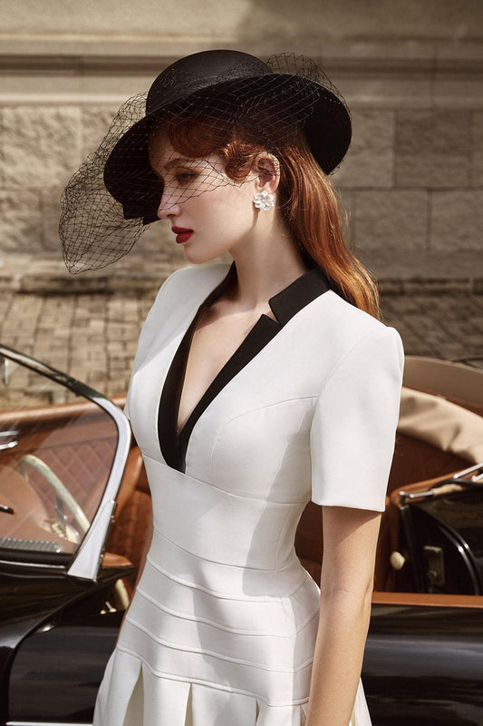 Elio Pleated V-Neck Spandex Homespun Midi Dress - MEAN BLVD