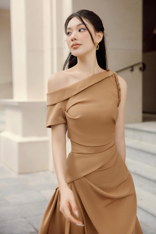 Ellie Asymmetric Diagonal Neck Polycotton Ankle Length Dress - MEAN BLVD