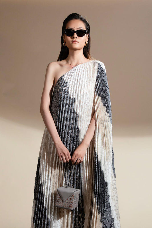 Ellison Pleated Flared Brocade Maxi Dress - MEAN BLVD