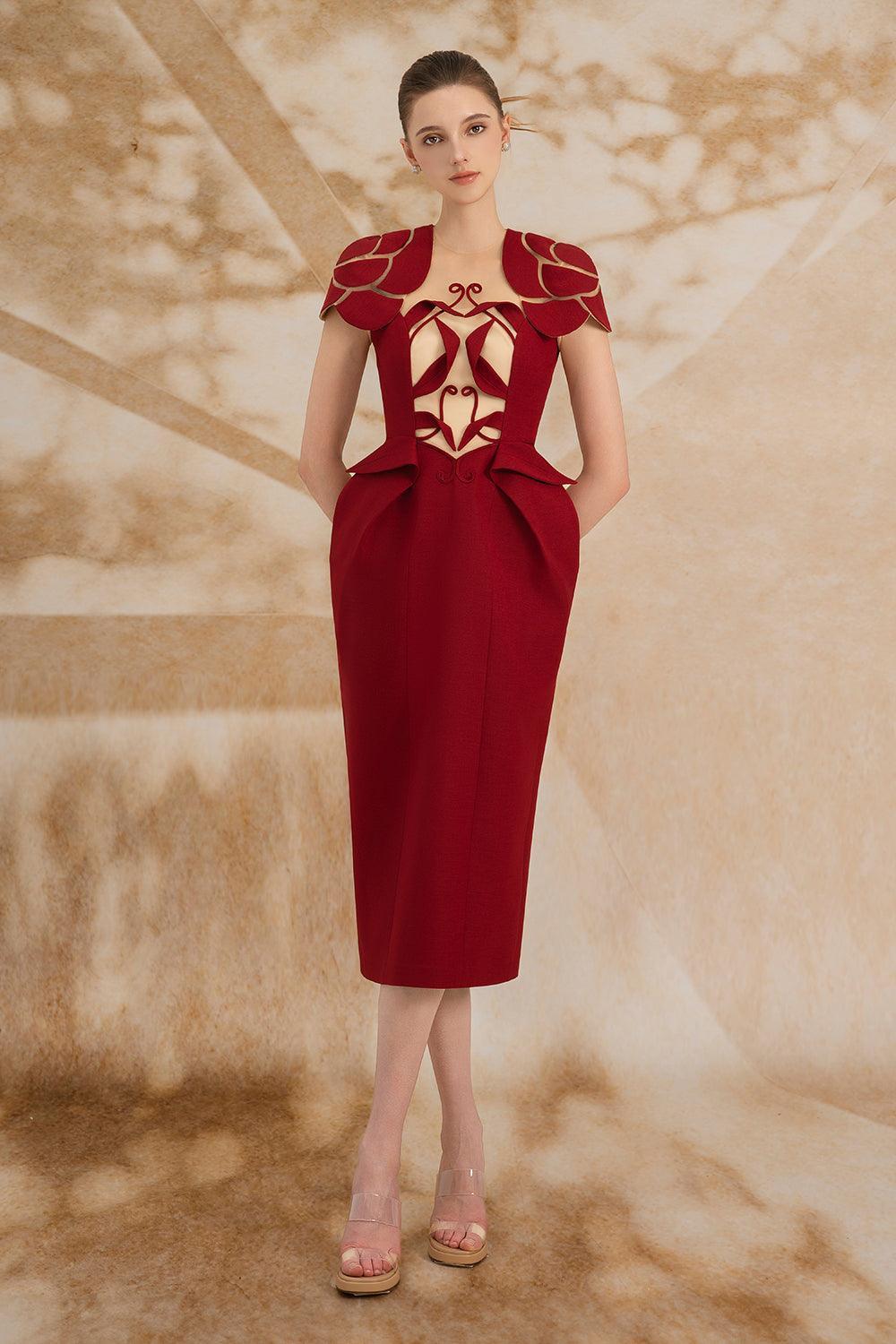 cape style midi dress Women's Elodie Pegged Cape Shoulder Polycotton Midi Dress S/M/L/Customize Red MEAN BLVD Red / L