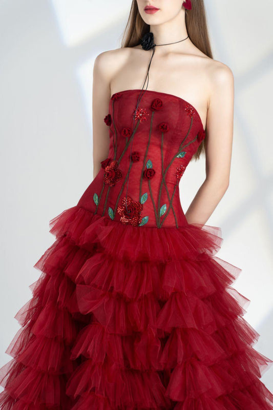 Emily Fit and Flare Straight Across Neck Mesh Floor Length Dress - MEAN BLVD