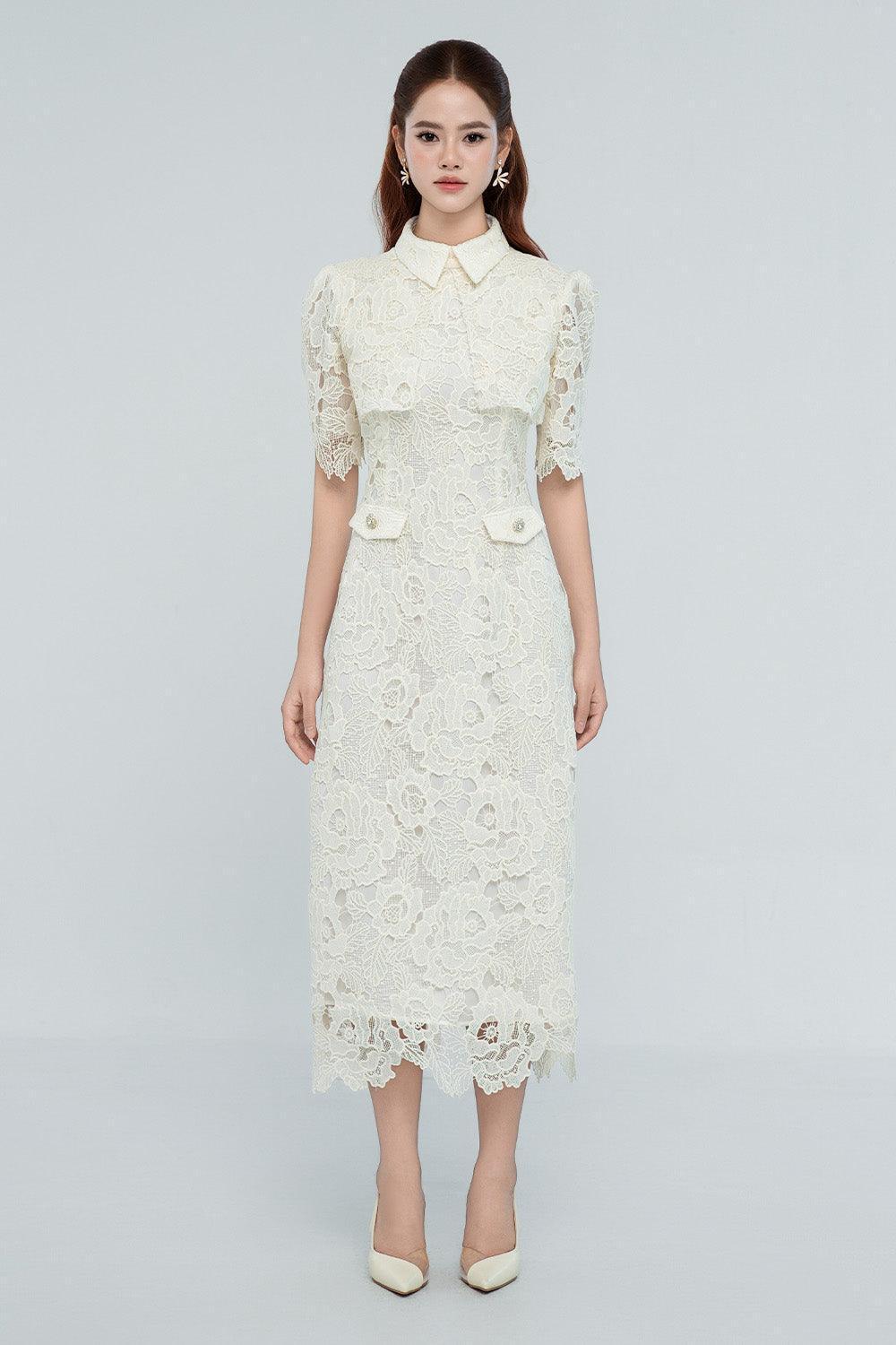 emmeline midi dress Women's Emmeline Sheath Collared Neck Lace Midi Dress S/M/L/Customize Ivory White MEAN BLVD Ivory White / L