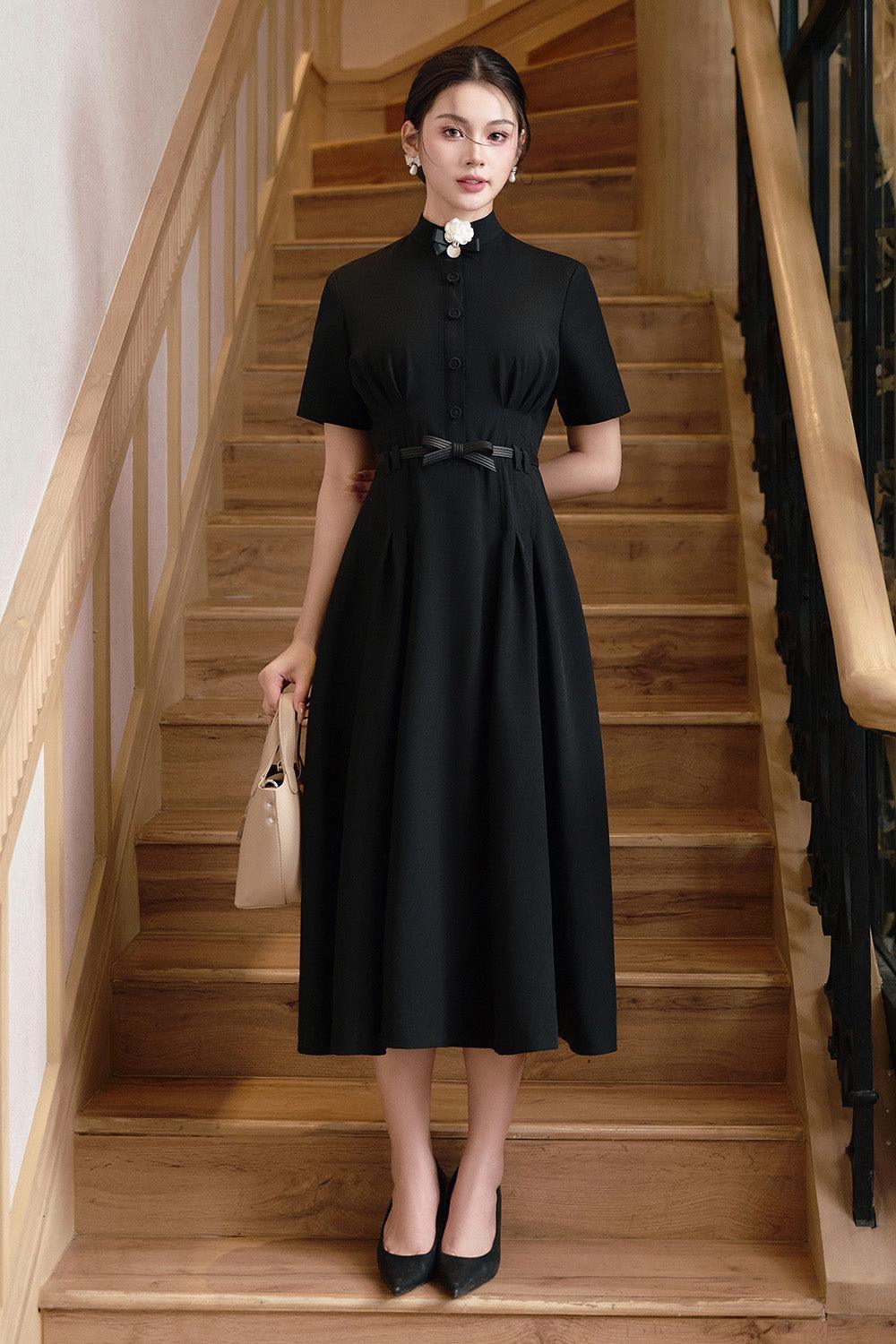 Women's Enoch A-line High Neck Linen Cotton Midi Dress S/M/L/Customize Black MEAN BLVD Black / S Women's Enoch A-line High Neck Linen Cotton Midi Dress S/M/L/Customize Black MEAN BLVD Black / S