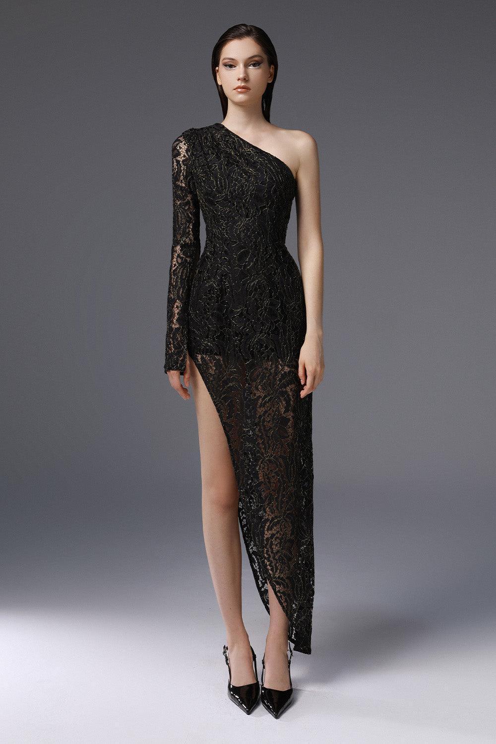 Women's Equinox Asymmetric One Shoulder Embroidered Lace Ankle Length Dress 0/1/2 Black MEAN BLVD Black / Customize