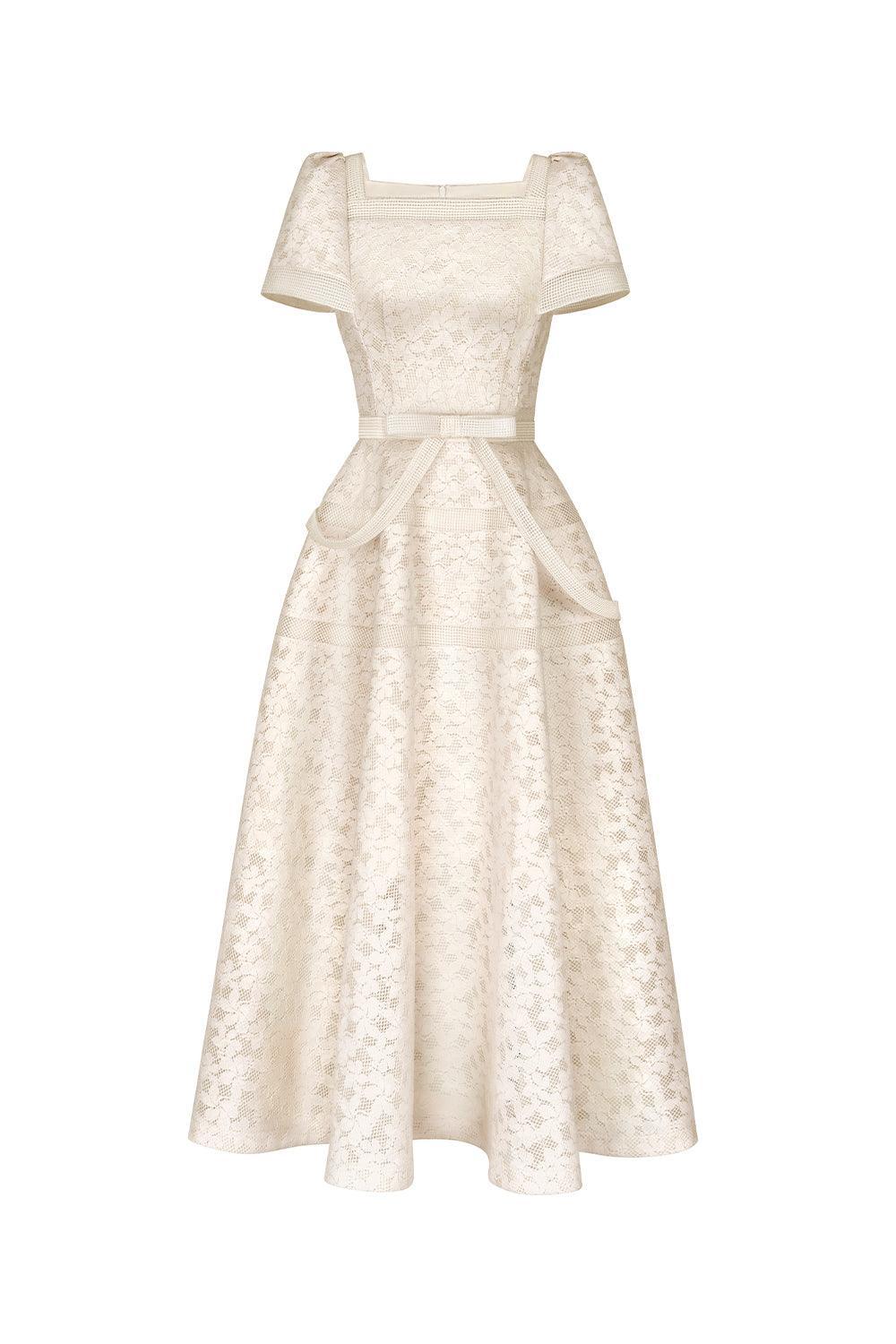 Women's Esme A-line Square Neck Mesh Lace Midi Dress S/M/L/XL Milky Beige MEAN BLVD Milky Beige / M Women's Esme A-line Square Neck Mesh Lace Midi Dress S/M/L/XL Milky Beige MEAN BLVD Milky Beige / M