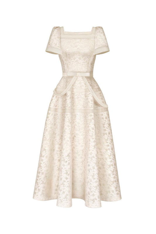 Esme A-line Square Neck Mesh Lace Midi Dress - MEAN BLVD