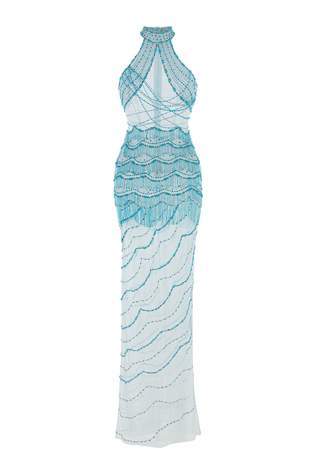 Women's Eve Halter Side Slit Mesh Maxi Dress XS/S/M/L/Customize Blue MEAN BLVD Blue / M Women's Eve Halter Side Slit Mesh Maxi Dress XS/S/M/L/Customize Blue MEAN BLVD Blue / M