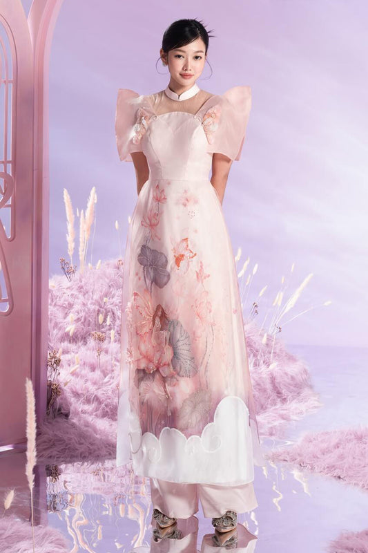 Fairy Fitted Mandarin Collar Organza Long Length Ao Dai Set