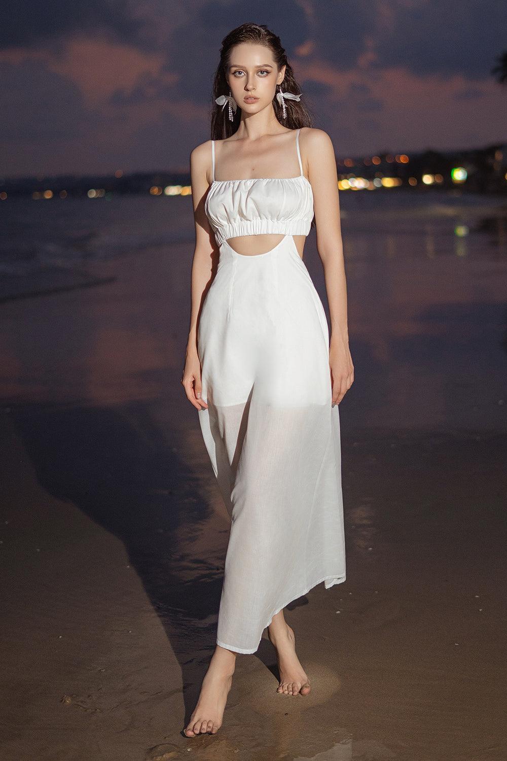 Women's Fleda A-line Cut-Out Linen Silk Ankle Length Dress S/M/L White MEAN  BLVD
