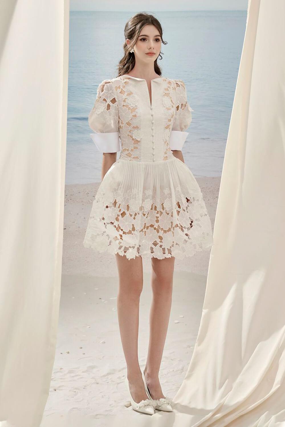 Women's Floral A-Line Puffy Sleeved Lace Mini Dress S/M/L White Mean Blvd S / White Women's Floral A-Line Puffy Sleeved Lace Mini Dress S/M/L White Mean Blvd S / White