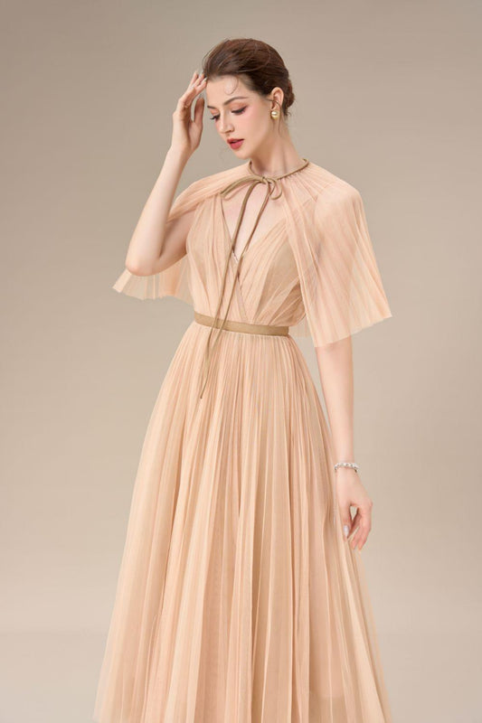 Gallin Pleated V-Neck Tulle Ankle Length Dress - MEAN BLVD