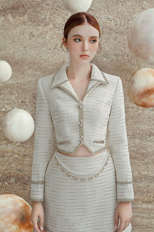 Gina Cropped V-Neck Tweed Top - MEAN BLVD