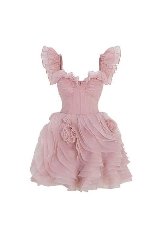 Kiss From A Rose Layered Flutter Sleeved Silk Organza Mini Dress