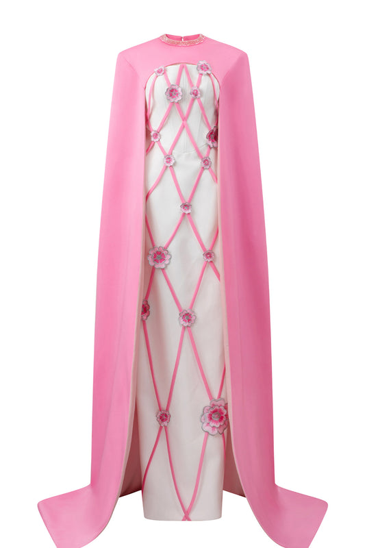 Rylie Sheath Cape Shoulder Silk Crepe Floor Length Set