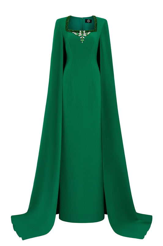 Samara Sheath Cape Sleeved Crepe Floor Length Dress