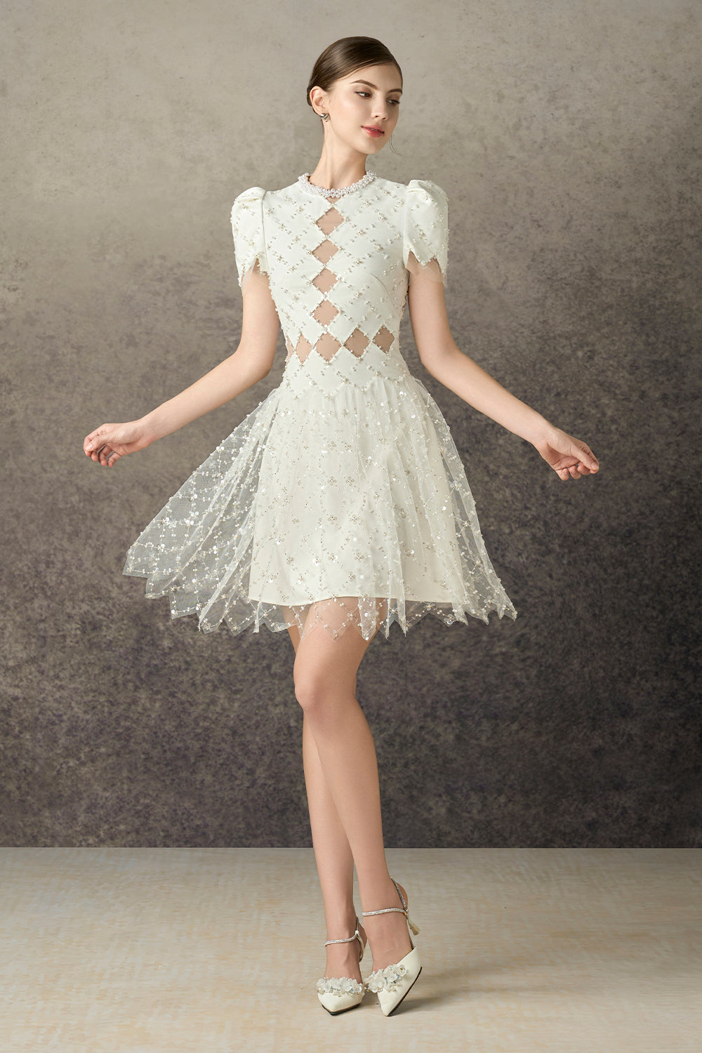 Women's Caelis A-Line Puffy Sleeved Mesh Lace Mini Dress S/M/L/Customize White Mean Blvd White / M
