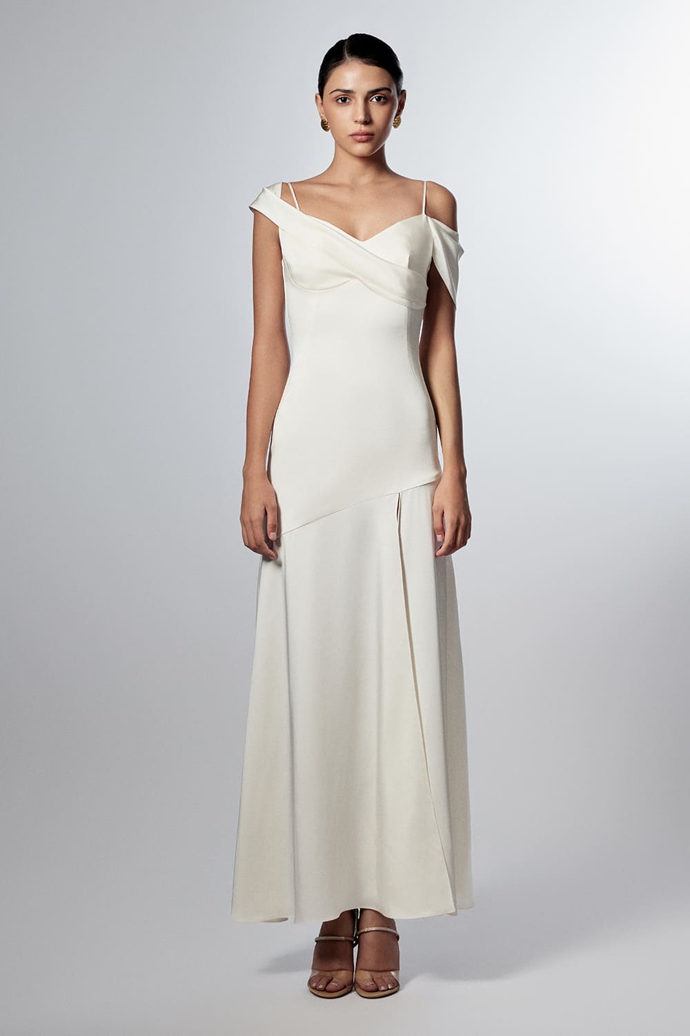 Women's Carmen Drop Waist Cold Shoulder Sleeved Silk Blend Maxi Dress S/M/L/XL/Customize Ivory MEAN BLVD Ivory / M Women's Carmen Drop Waist Cold Shoulder Sleeved Silk Blend Maxi Dress S/M/L/XL/Customize Ivory MEAN BLVD Ivory / M
