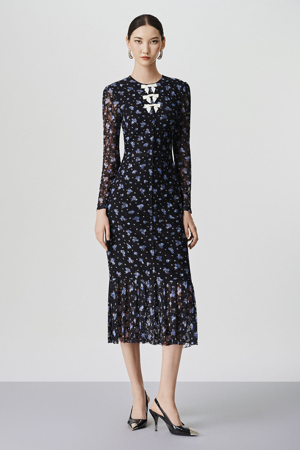 Women's Theodora Drop Waist Round Neck Lace Calf Length Dress  XS/S/M/L/Customize Navy Mixed Lace MEAN BLVD