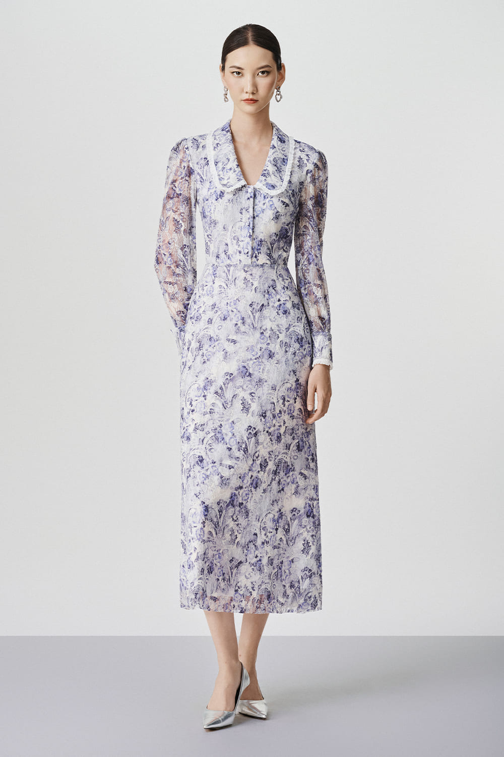 Women's Joelle Sheath Peter Pan Collar Lace Maxi Dress XS/S/M/L/Customize Blue Mixed Lace MEAN BLVD Women's Joelle Sheath Peter Pan Collar Lace Maxi Dress XS/S/M/L/Customize Blue Mixed Lace MEAN BLVD