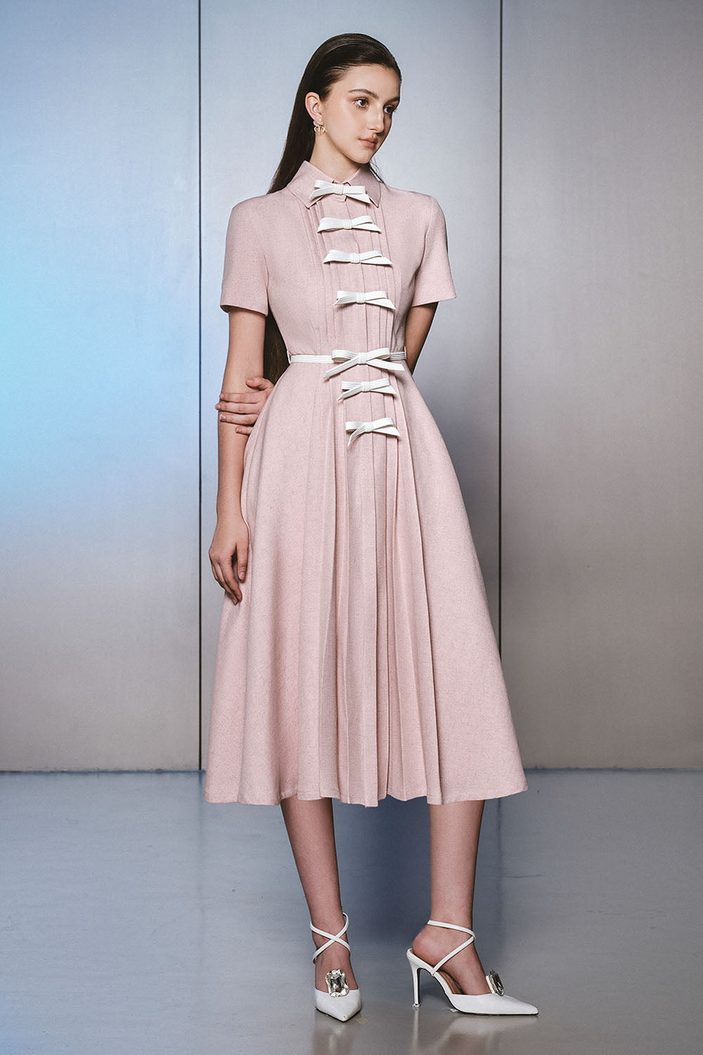 Women's Asowa A-line Bow Cotton Midi Dress S/M/L/Customize Pink MEAN BLVD Pink / S Women's Asowa A-line Bow Cotton Midi Dress S/M/L/Customize Pink MEAN BLVD Pink / S