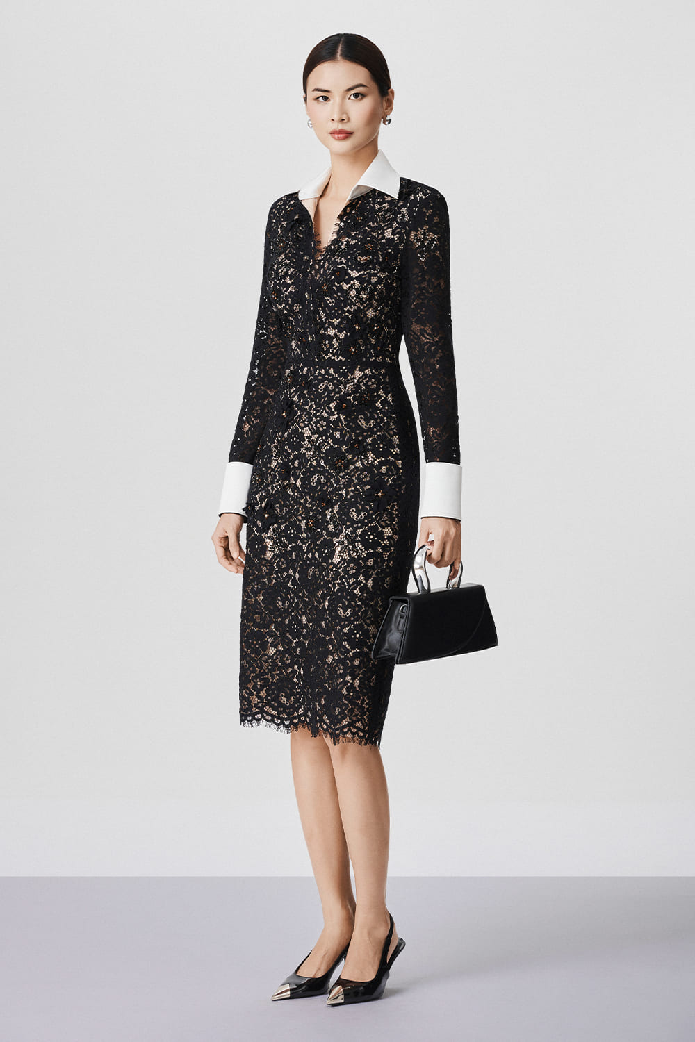 Women's Fallon Sheath Cuff Sleeved Lace Midi Dress XS/S/M/L/Customize Black  Mixed Lace MEAN BLVD