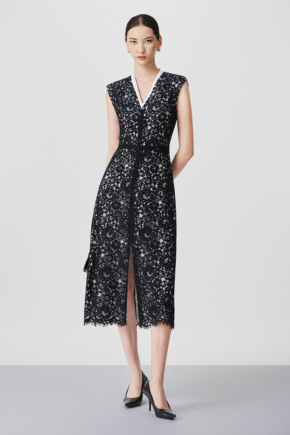 Women's Selene A-line V-Neck Cotton Lace Midi Dress XS/S/M/L/Customize Black Mixed Lace/Plain MEAN BLVD Women's Selene A-line V-Neck Cotton Lace Midi Dress XS/S/M/L/Customize Black Mixed Lace/Plain MEAN BLVD