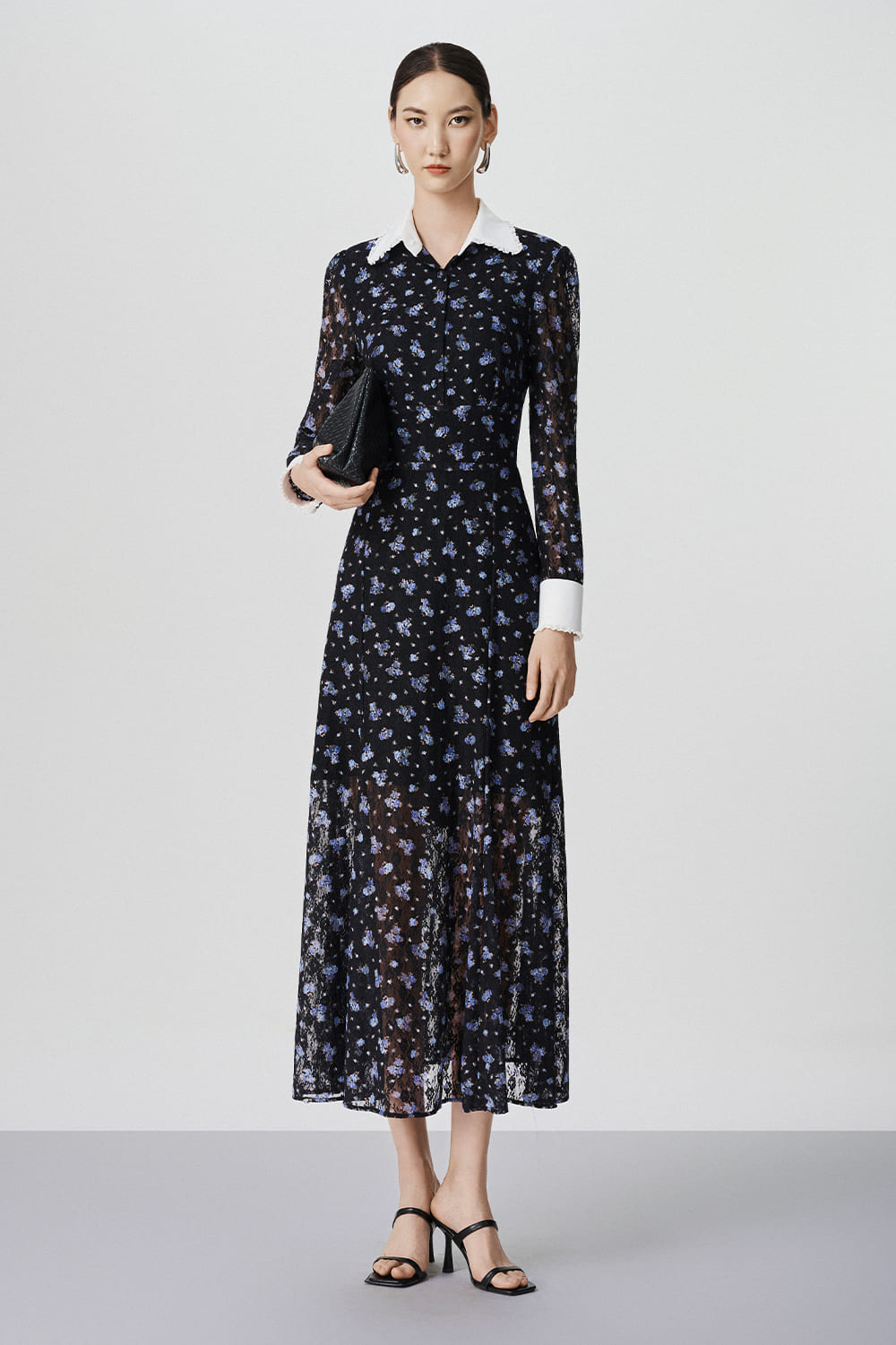 Women's Elodie A-line Cuff Sleeved Lace Maxi Dress XS/S/M/L/Customize Navy Mixed Lace MEAN BLVD XS / Navy / Mixed Lace