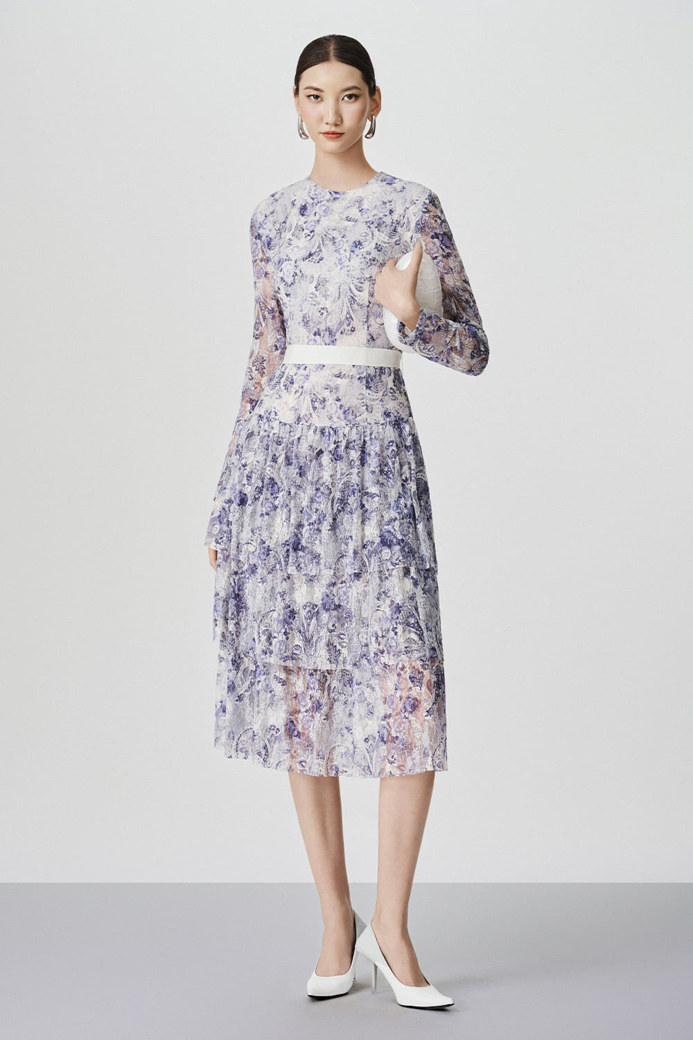 Long Sleeve High-Neck Lace Midi Dress
