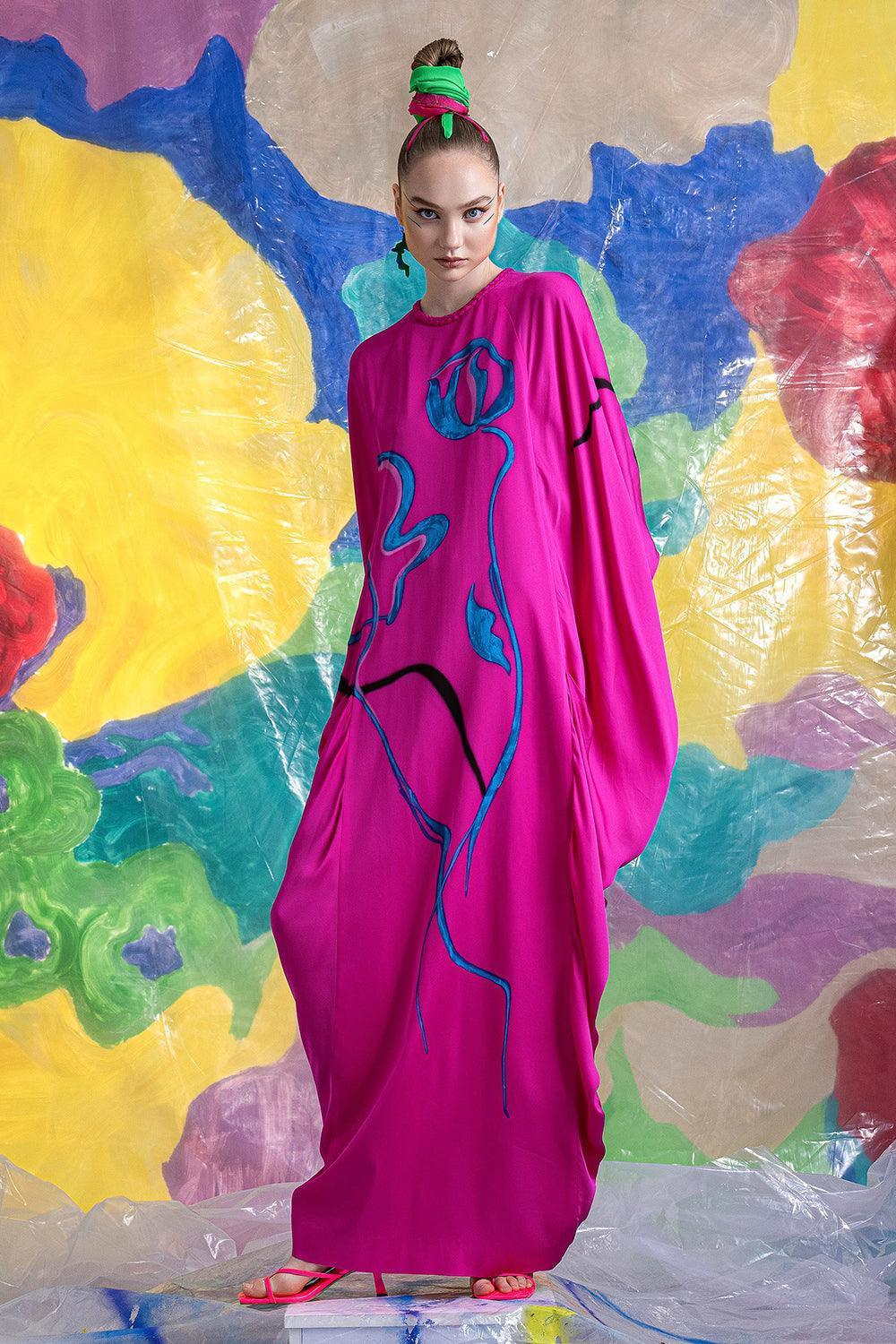 Women's Hadley Straight Batwing Sleeved Satin Floor Length Dress XS/S/M/L/XL/Customize Pink Fuchsia Mean Blvd Pink Fuchsia / Customize