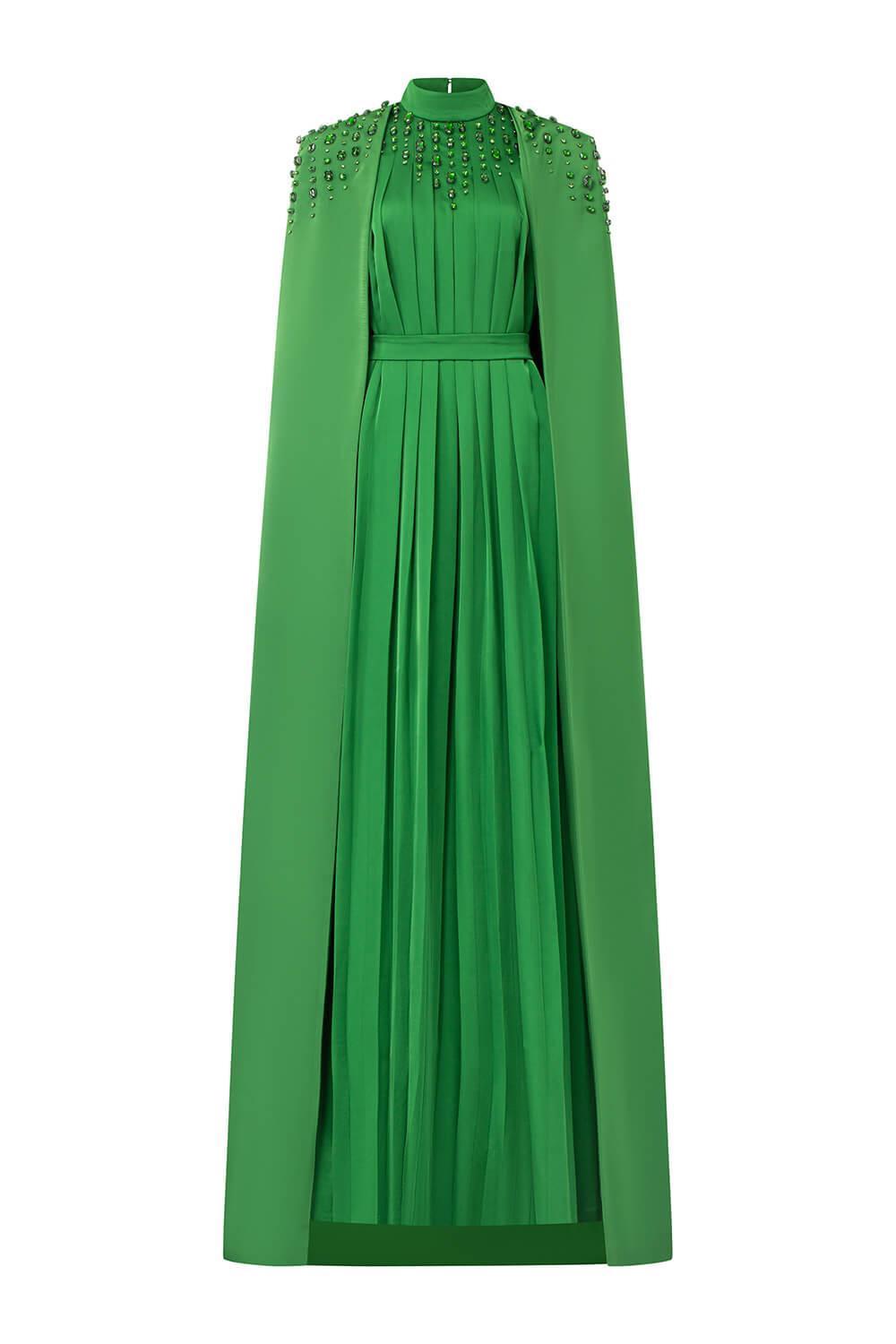 Women's Halcyon Cape Pleated Silk Floor Length Dress XS/S/M/L/XL/XXL Emerald MEAN BLVD Emerald / L Women's Halcyon Cape Pleated Silk Floor Length Dress XS/S/M/L/XL/XXL Emerald MEAN BLVD Emerald / L
