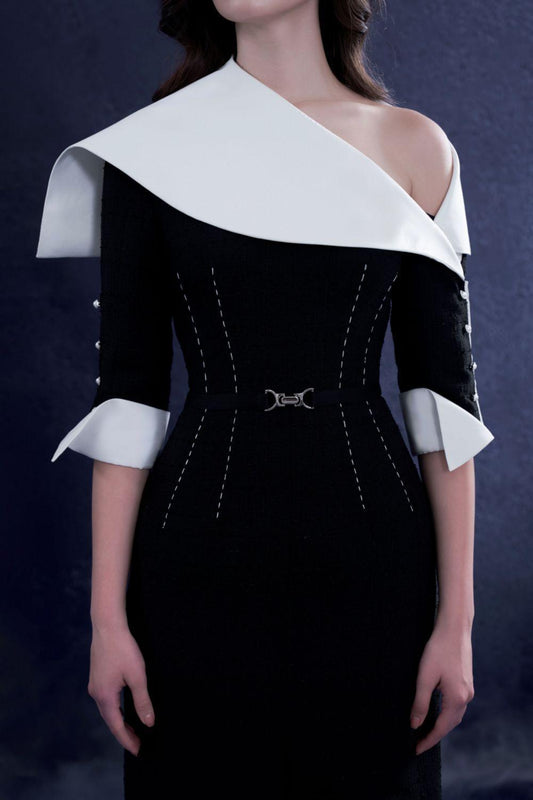 Harmona Slit Asymmetric Neck Tweed Midi Dress - MEAN BLVD