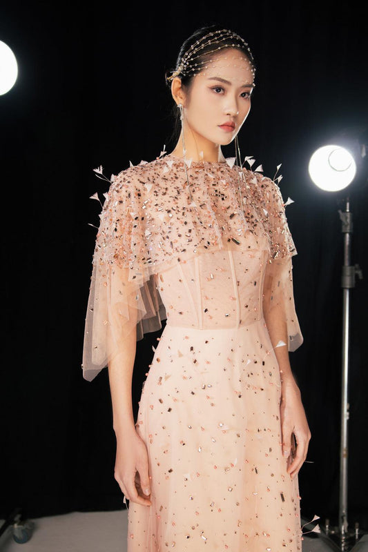 Hayes A-line Cape Sleeved Mesh Silk Floor Length Set - MEAN BLVD