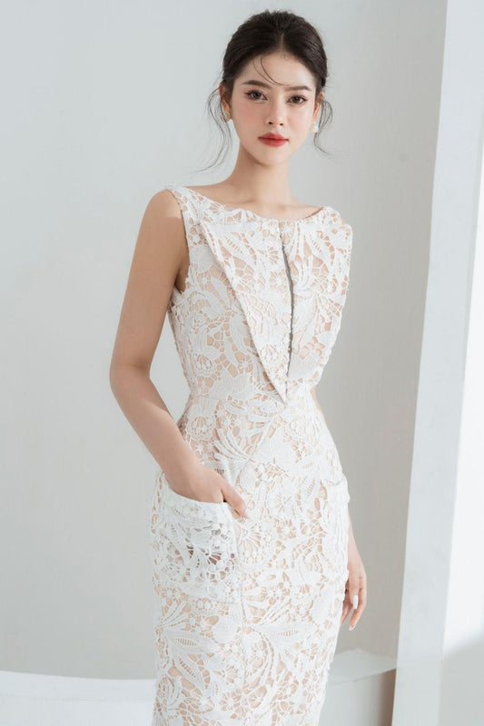 Helen Pencil Boat Neck Lace Midi Dress - MEAN BLVD