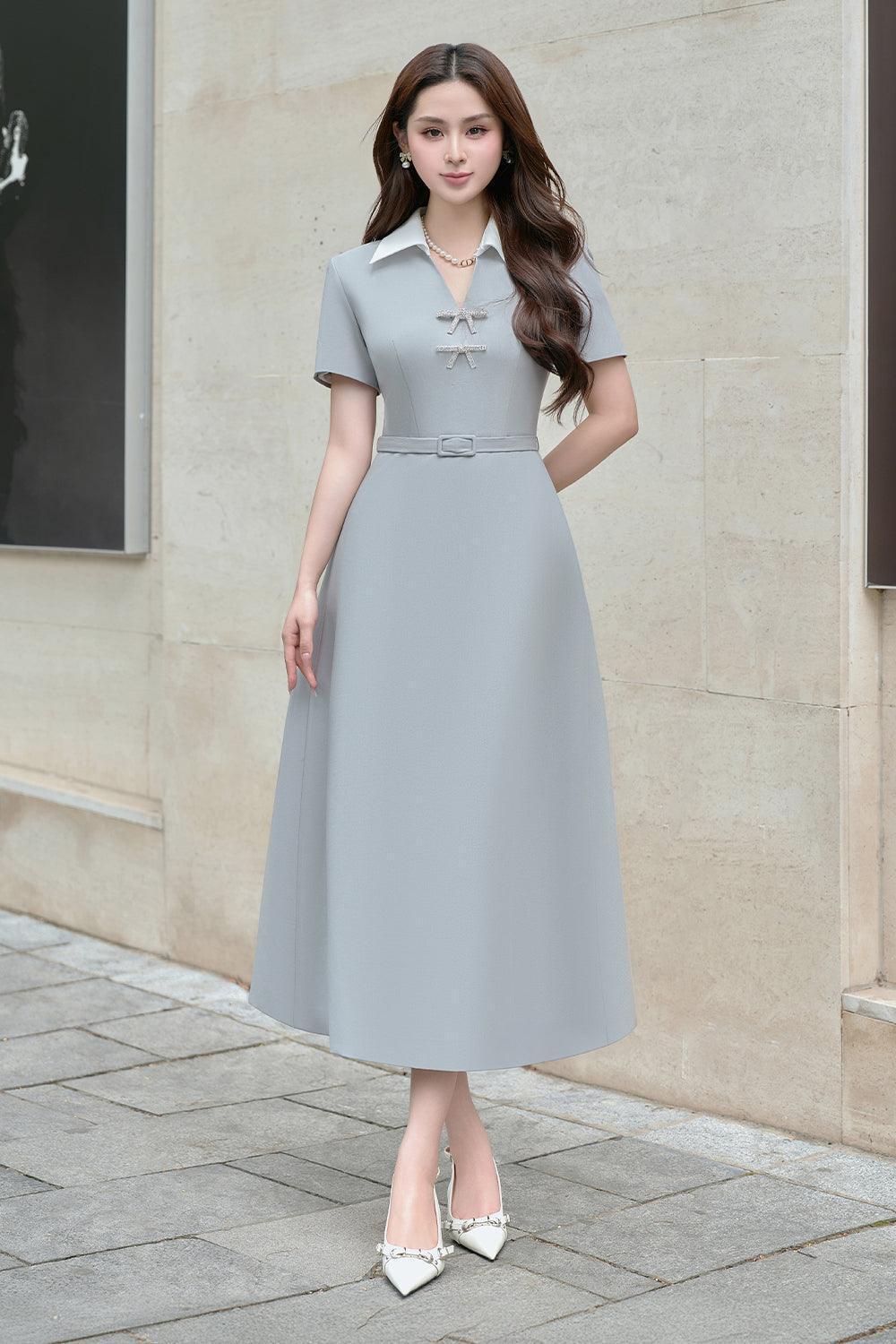 Women's Hilga A-line Collared Neck Linen Cotton Midi Dress S/M/L/Customize Blue Grey MEAN BLVD Blue Grey / M Women's Hilga A-line Collared Neck Linen Cotton Midi Dress S/M/L/Customize Blue Grey MEAN BLVD Blue Grey / M