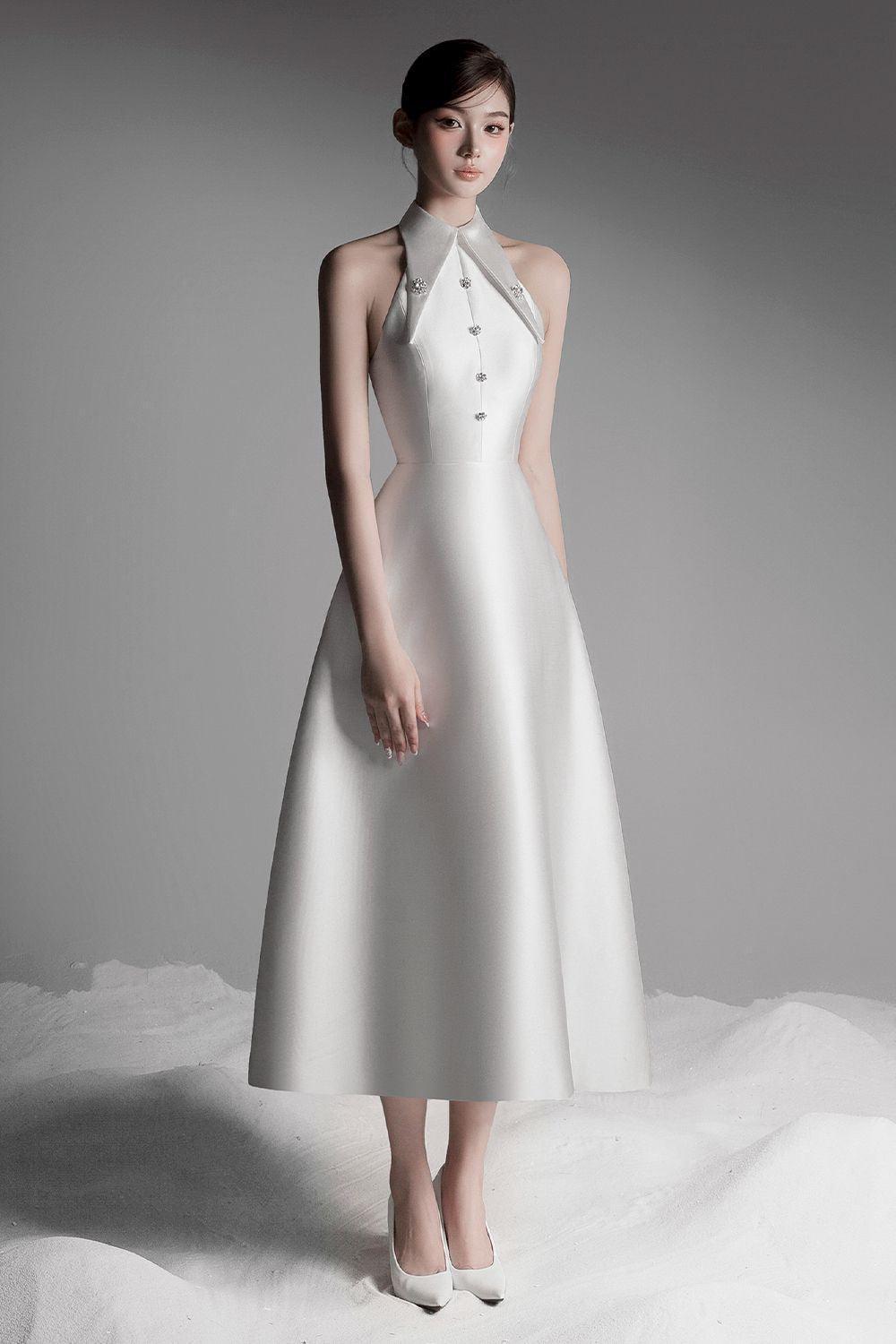 midi dress a line formal Women's Hypatia A-line Collared Neck Taffeta Midi Dress XS/S/M/L Black/White MEAN BLVD White / M
