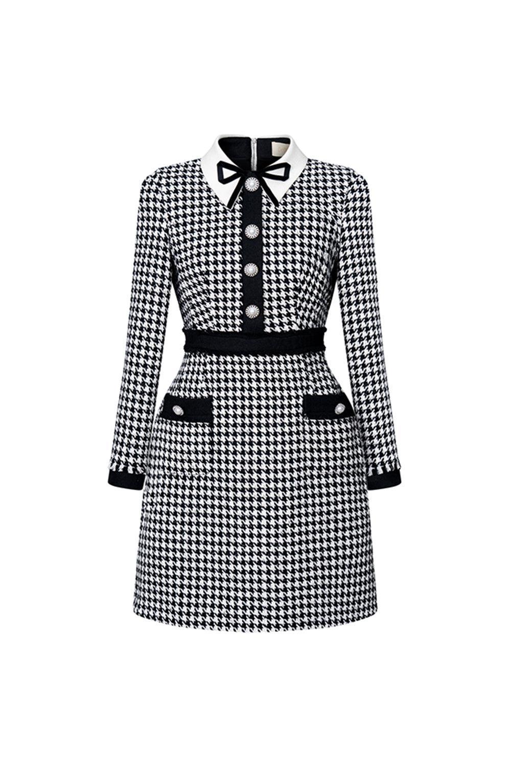 Women's Irene A-line Long Sleeved Tweed Mini Dress S/M/L/XL Black and White Houndstooth MEAN BLVD Women's Irene A-line Long Sleeved Tweed Mini Dress S/M/L/XL Black and White Houndstooth MEAN BLVD
