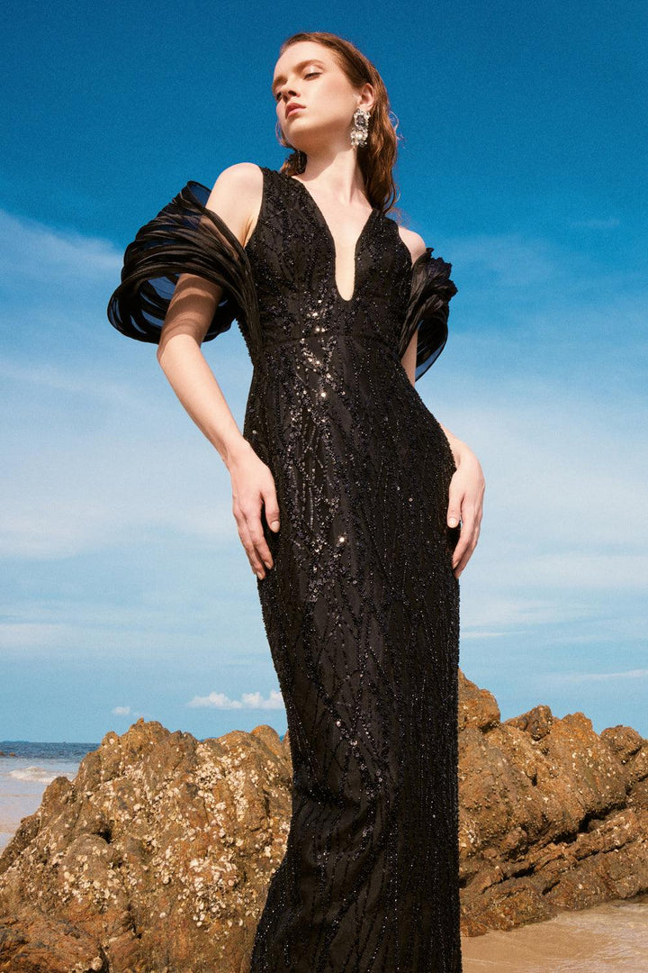 Isabella Sheath Cold Shoulder Sleeved Mesh Lace Floor Length Dress - MEAN BLVD