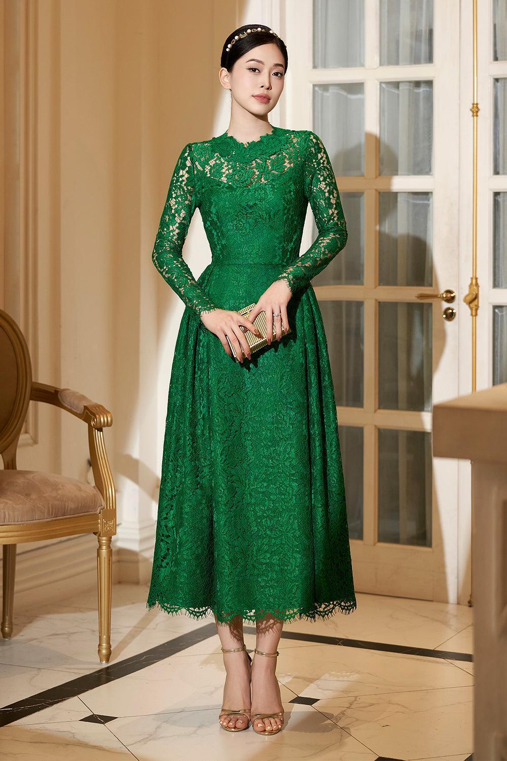 Women's Isadora A-Line Long Sleeved Lace Midi Dress S/M/L/Xl Dark Green Mean Blvd Dark Green / M Women's Isadora A-Line Long Sleeved Lace Midi Dress S/M/L/Xl Dark Green Mean Blvd Dark Green / M