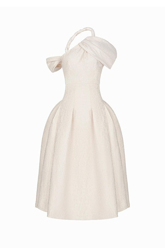 Jacqueline Fit and Flare Asymmetric Sleeved Taffeta Midi Dress - MEAN BLVD