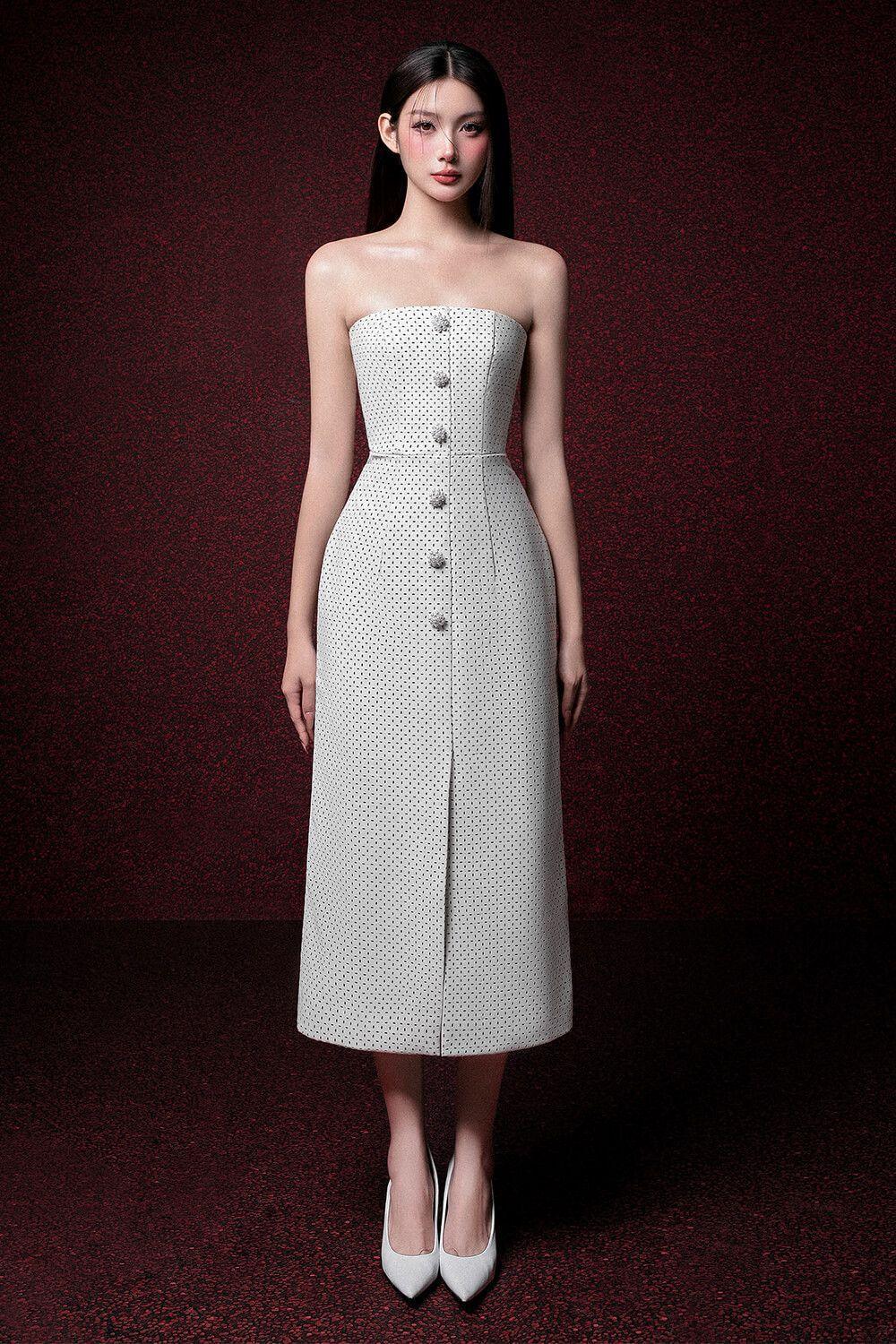 Women's Jade Strapless Front Slit Leather Midi Dress XS/S/M/L White Cream MEAN BLVD M / White Cream Women's Jade Strapless Front Slit Leather Midi Dress XS/S/M/L White Cream MEAN BLVD M / White Cream