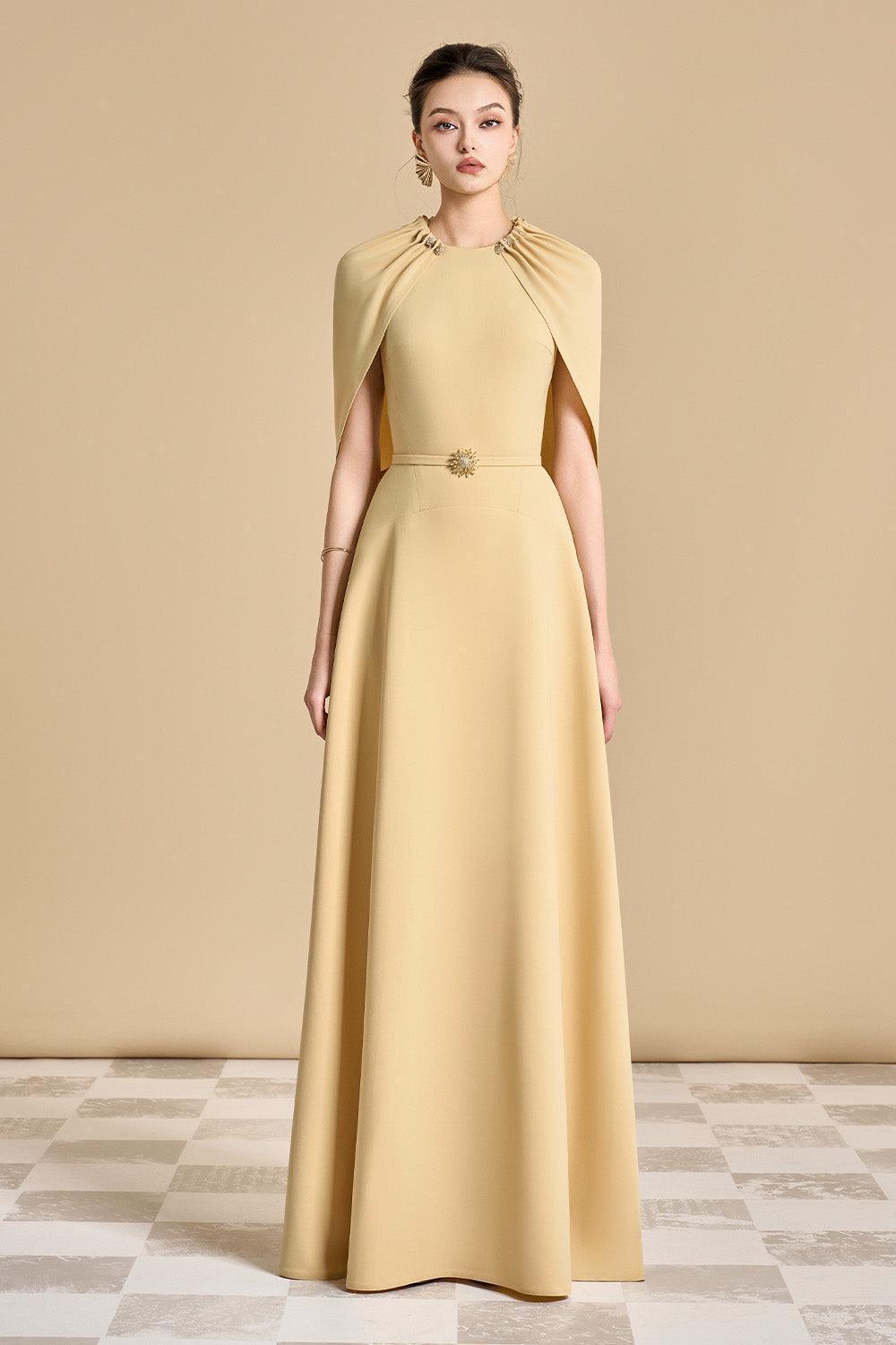 Women's Jasmine A-line Cape Sleeved Polyester Floor Length Dress S/M/L/XL Yellow Beige/Light Blue MEAN BLVD Light Blue / S Women's Jasmine A-line Cape Sleeved Polyester Floor Length Dress S/M/L/XL Yellow Beige/Light Blue MEAN BLVD Light Blue / S