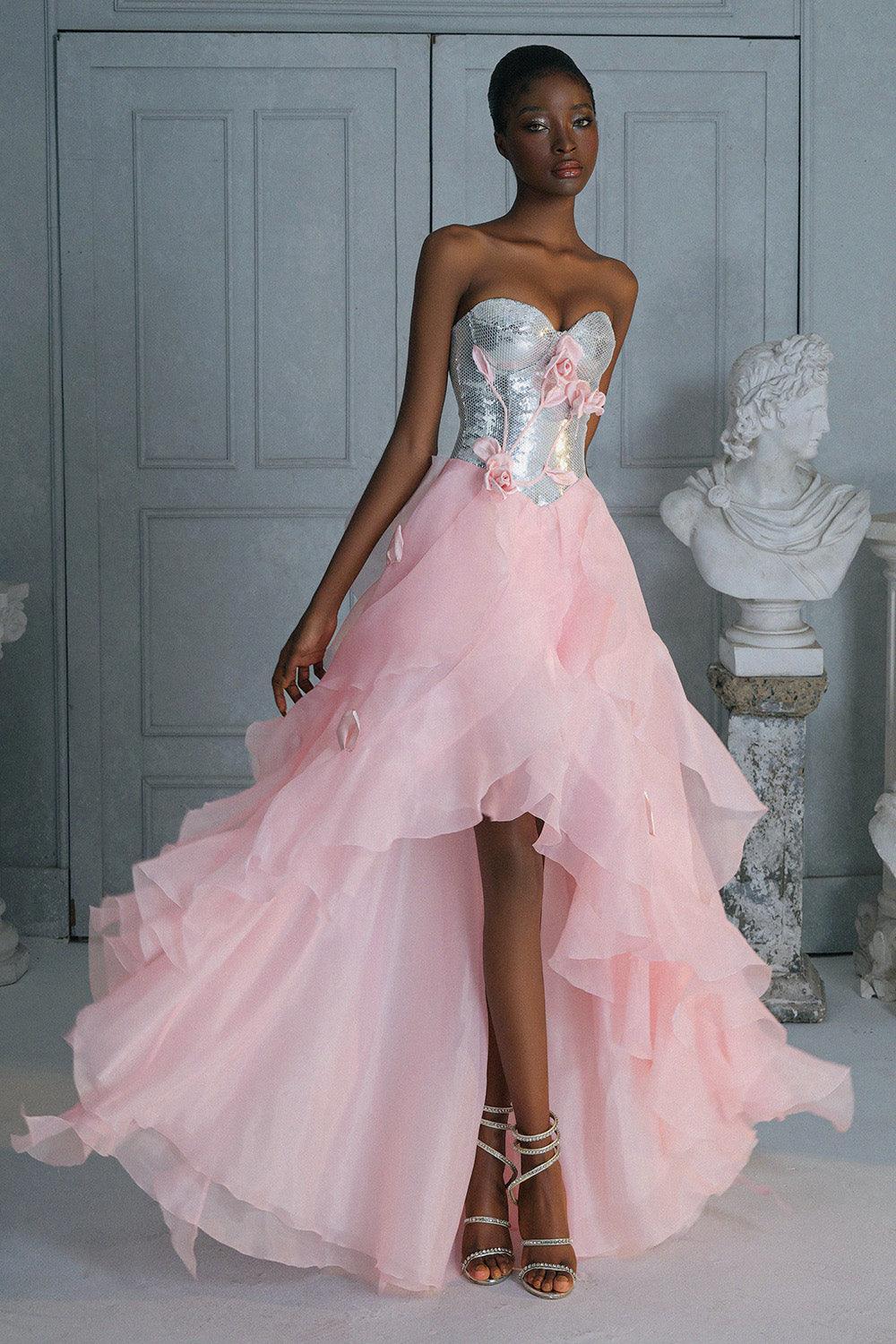 Women's Jenifer Rose Asymmetric Sweetheart Neck Organza Voile High-Low Dress S/M/L Grey/Pink Mean Blvd Grey/Pink / M Women's Jenifer Rose Asymmetric Sweetheart Neck Organza Voile High-Low Dress S/M/L Grey/Pink Mean Blvd Grey/Pink / M