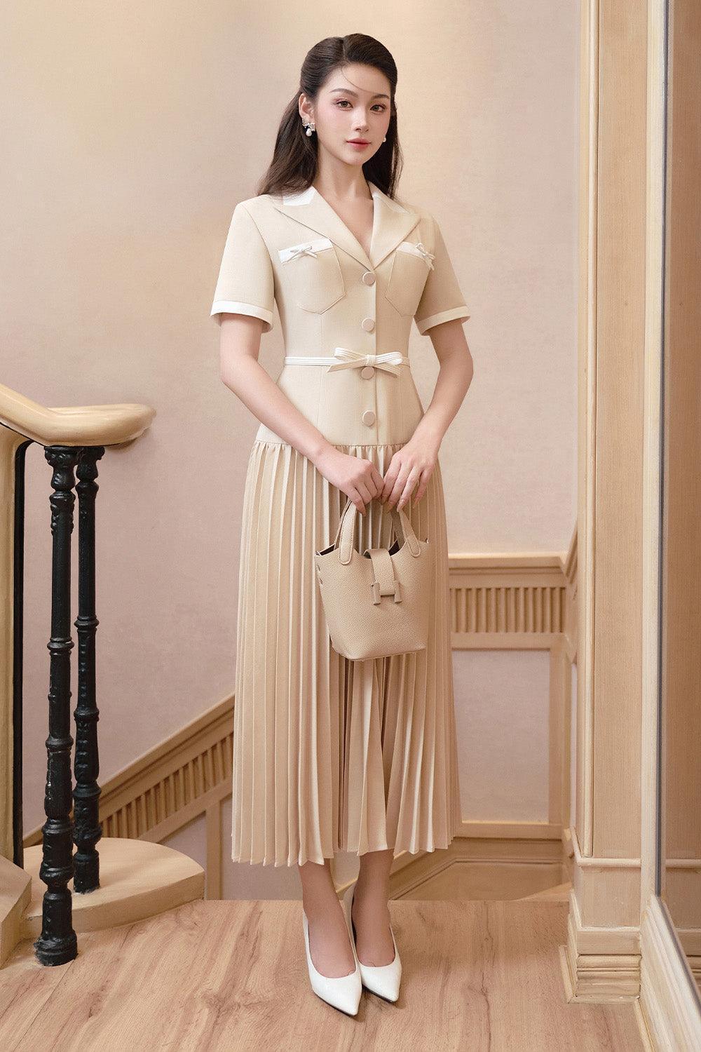 jocelyn midi dress Women's Jocelyn Pleated V-Neck Linen Cotton Midi Dress S/M/L/Customize Beige MEAN BLVD Beige / L