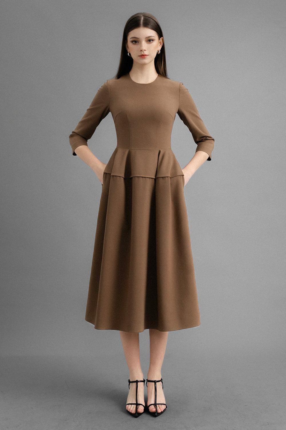 Women's Joelle A-line Round Neck Polycotton Midi Dress S/M/L Brown MEAN BLVD, Brown / S Women's Joelle A-line Round Neck Polycotton Midi Dress S/M/L Brown MEAN BLVD, Brown / S